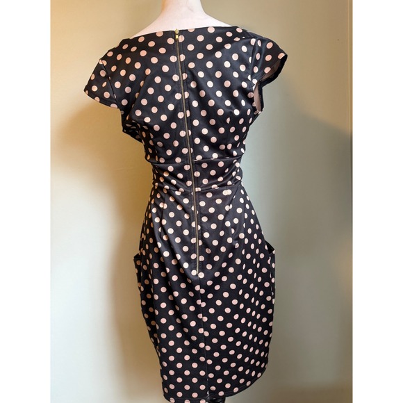 Pink Martini Black Beige Polka Dot Draped Neck Sheath Dress S retro whimsi Y2K - Picture 3 of 5